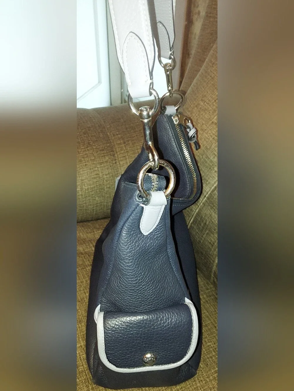 Coach Navy Pebbled Pennie Leather Shoulder Bag with Light Blue Trim C5673